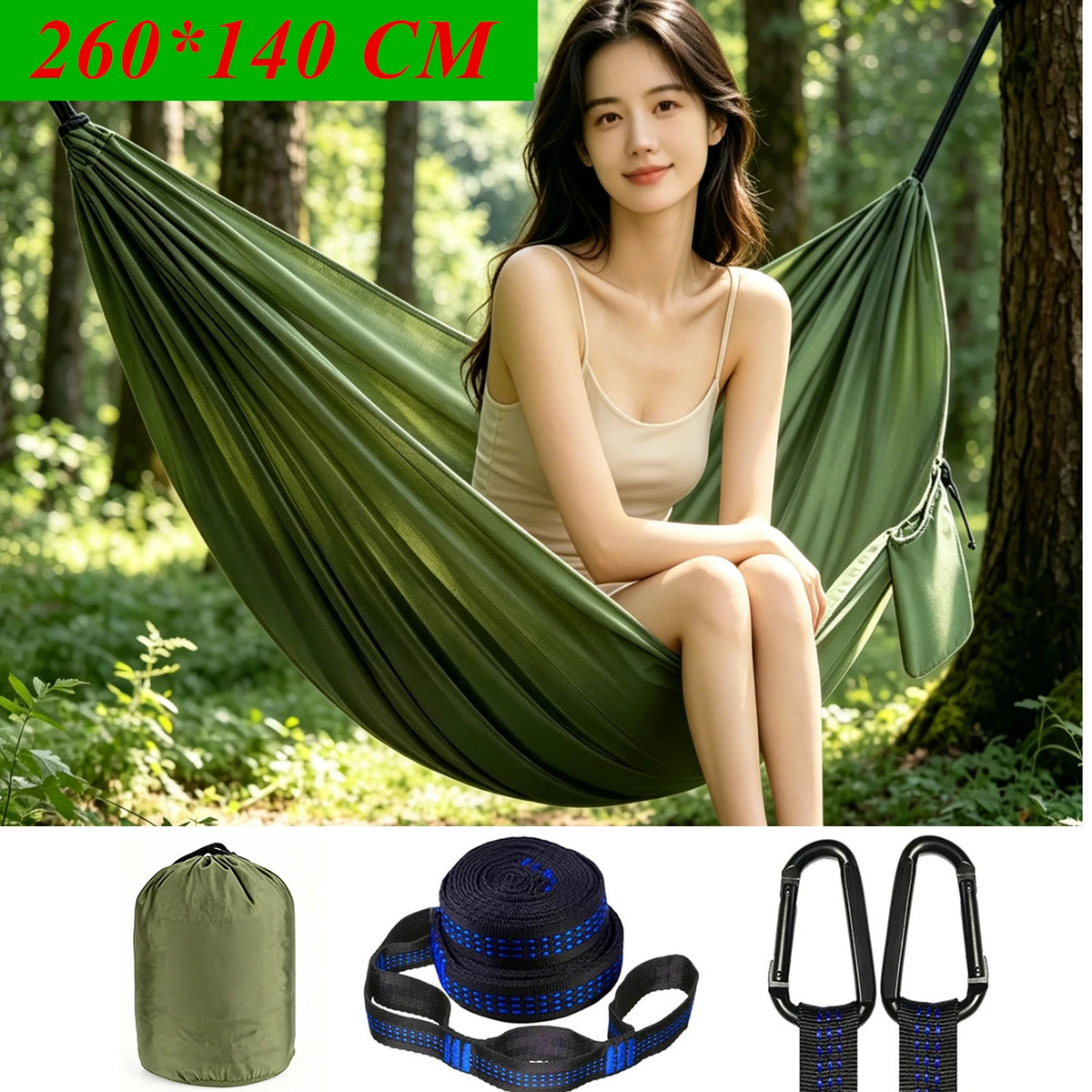 Camping hammock with tree straps